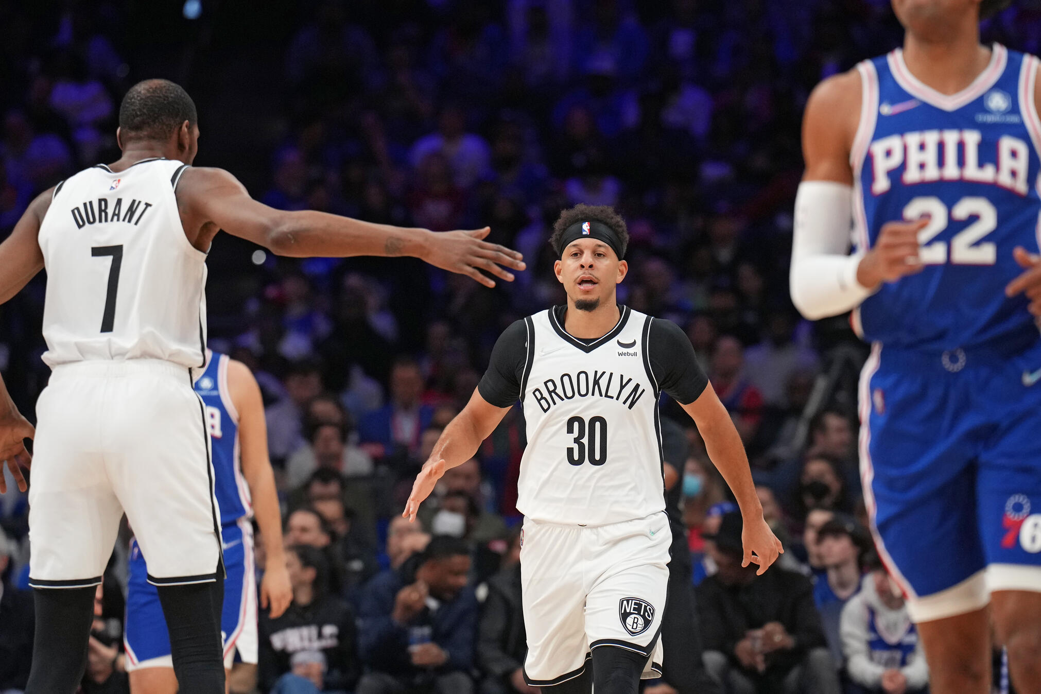 PHILADELPHIA, PA - MARCH 10: Seth Curry #30 of the Brooklyn Nets reacts during a game against the Philadelphia 76ers on March 10, 2022 at Wells Fargo Center in Philadelphia, Pennsylvania. (Jesse D. Garrabrant/NBAE via Getty Images)