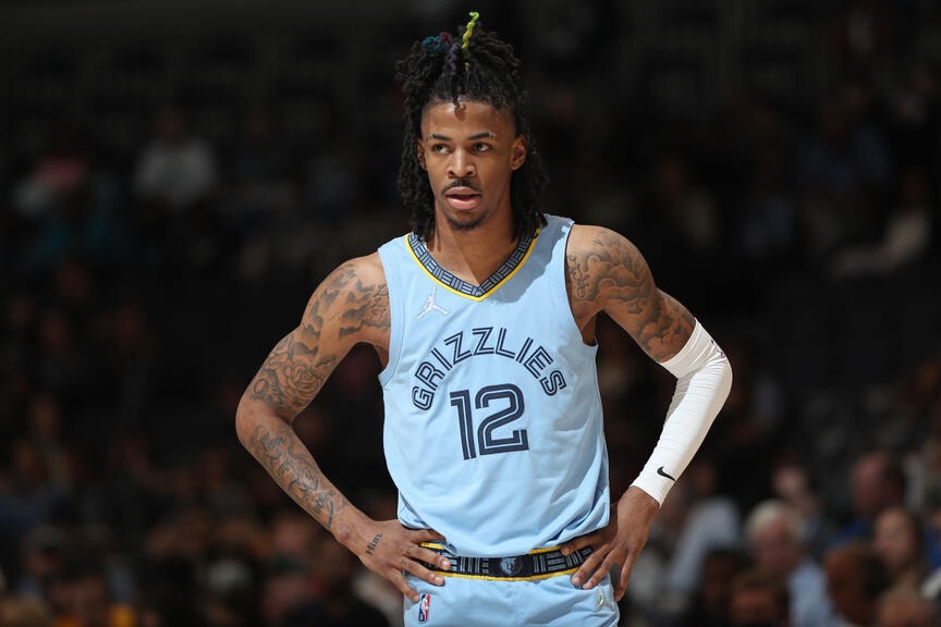 MEMPHIS, TN - APRIL 9: Ja Morant #12 of the Memphis Grizzlies looks on during the game against the New Orleans Pelicans on April 9, 2022 at FedExForum in Memphis, Tennessee. (Joe Murphy/NBAE via Getty Images)